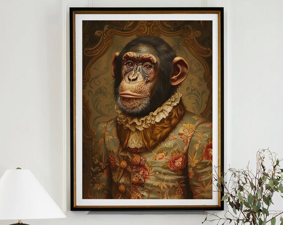 Chimpanzee in Floral Brocade Coat with Ruffle Collar Baroque Portrait Poster