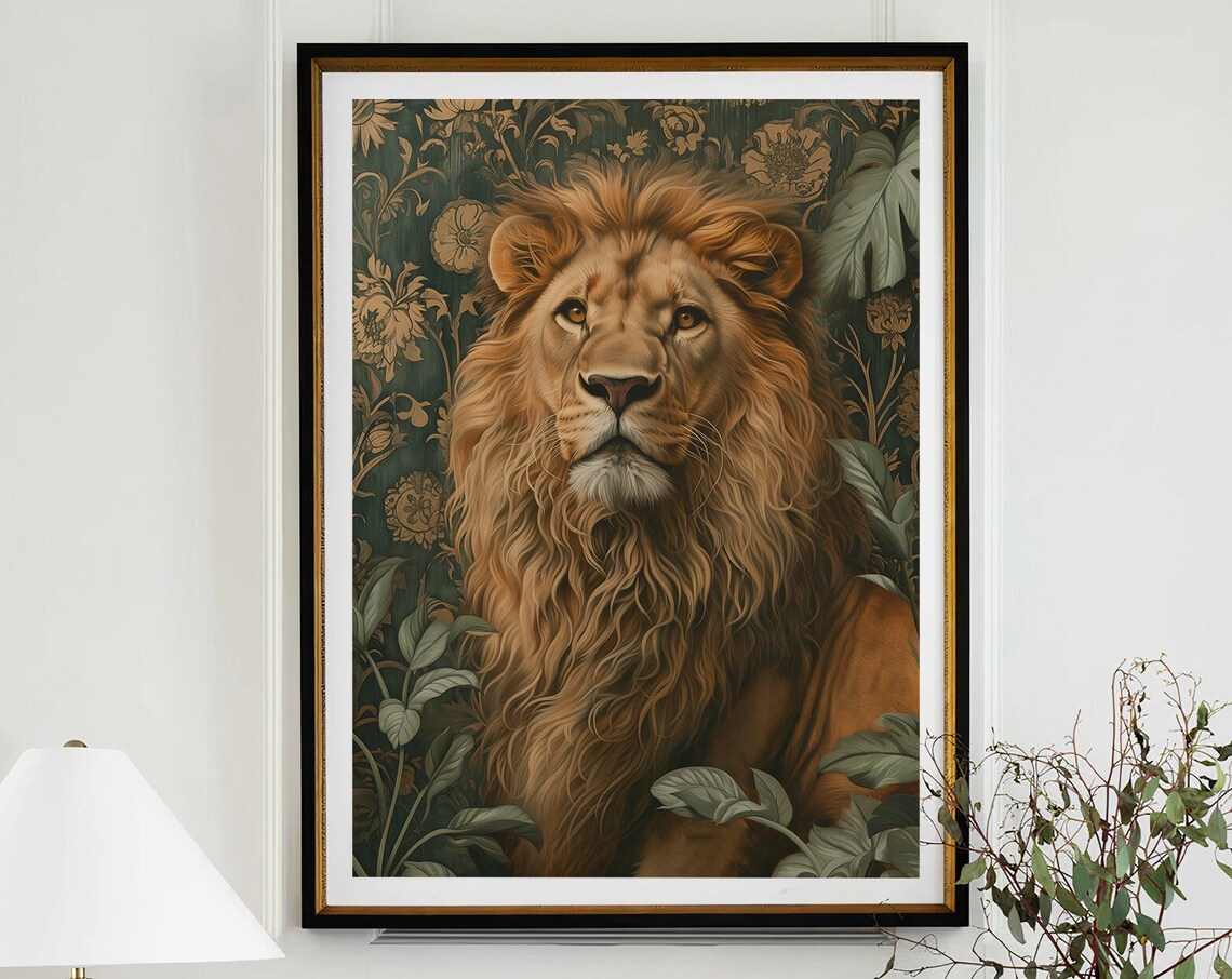 Majestic Lion with Golden Mane Dark Green Floral Wallpaper Poster