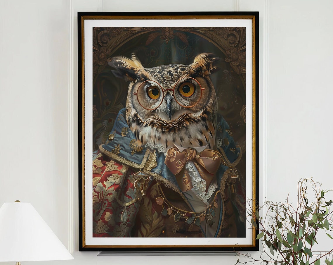 Owl in Spectacles and Baroque Brocade Coat Old Master Portrait Poster