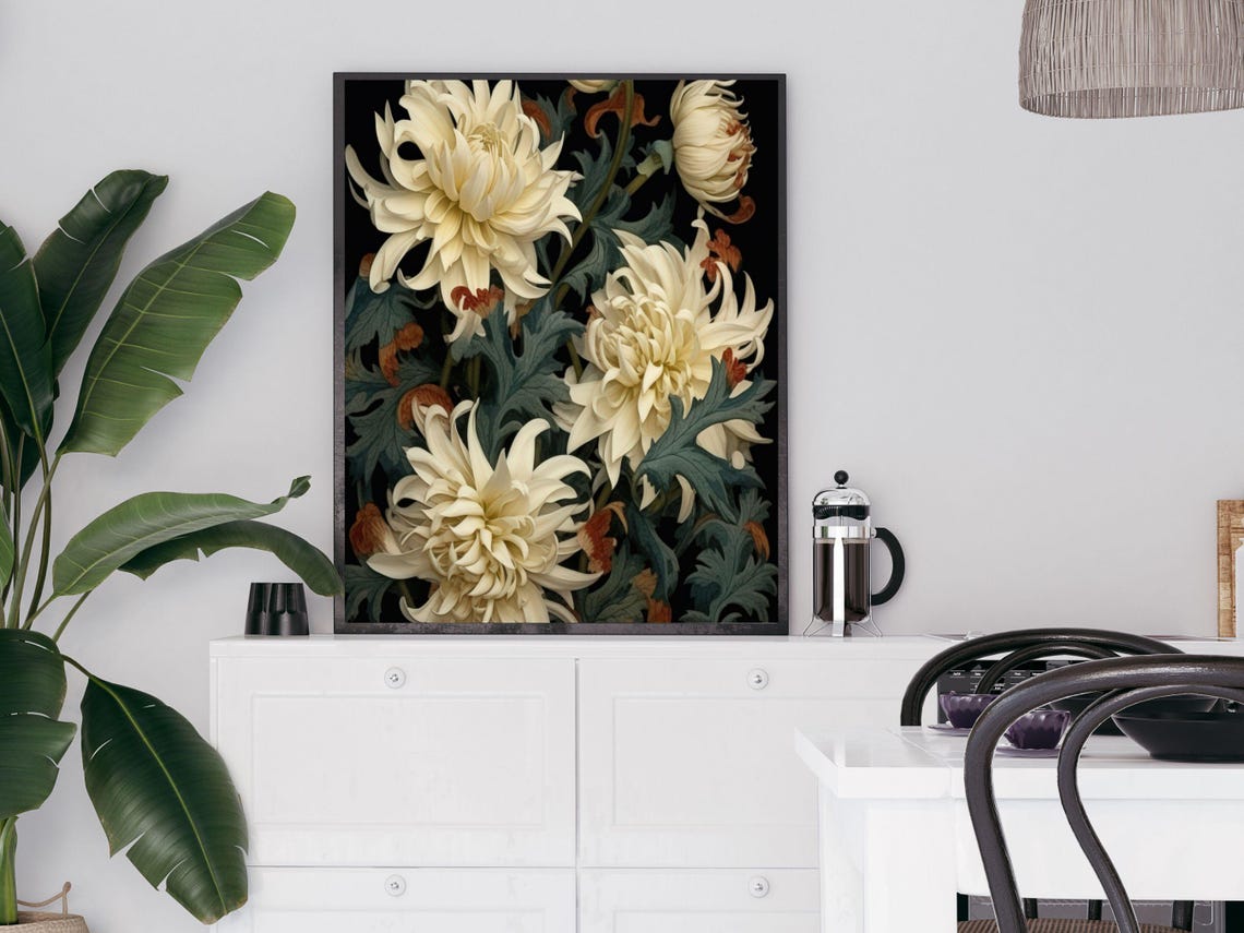 White Chrysanthemums on Dark Botanical Vintage Floral Poster - Image 2