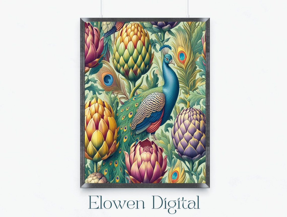 Art Nouveau Peacock Among Artichokes and Protea Blooms Poster