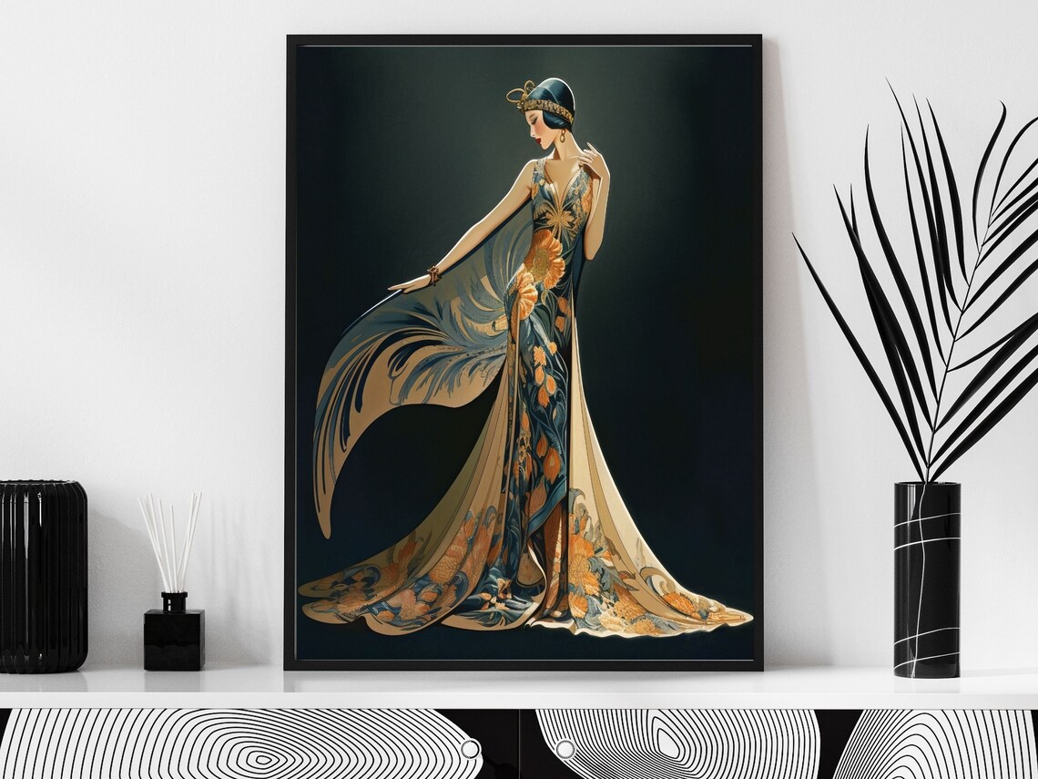 Art Deco Woman in Blue Floral Gown With Feathered Cape Poster - Image 5