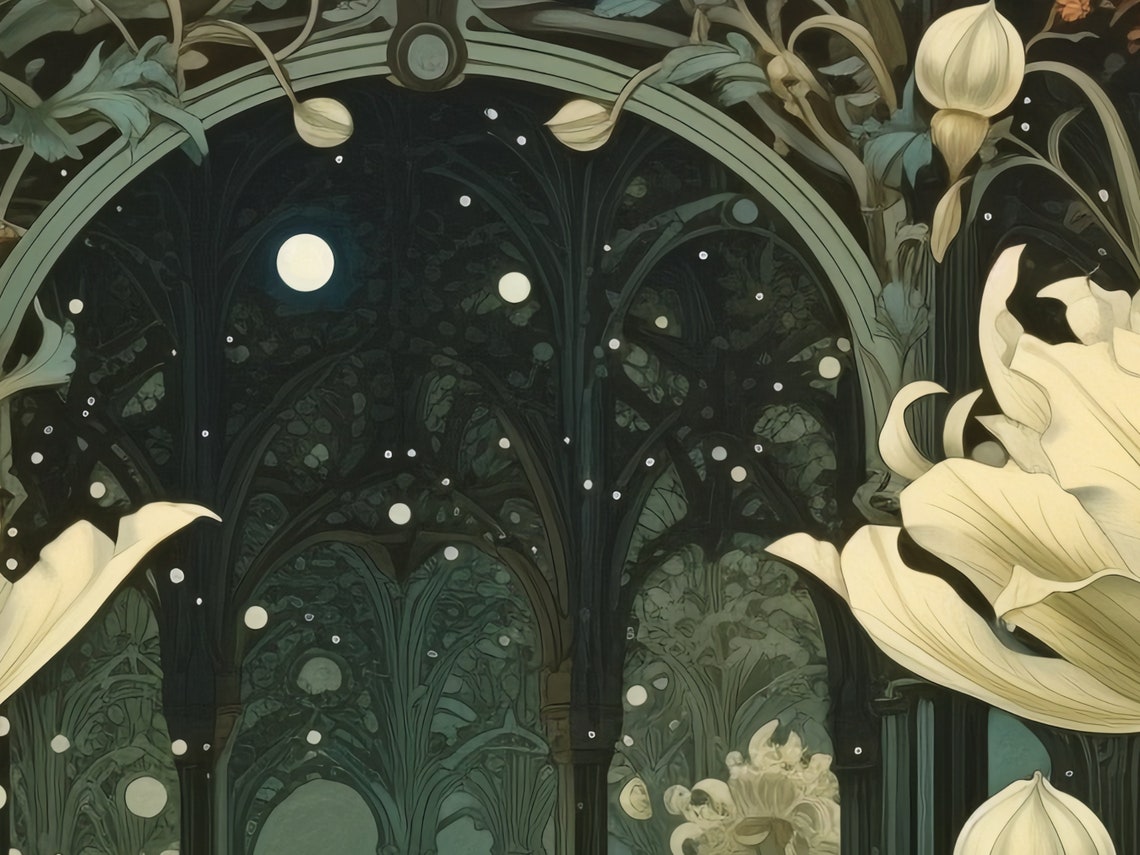 White Tulips by Moonlight in a Midnight Garden Archway Poster - Image 5
