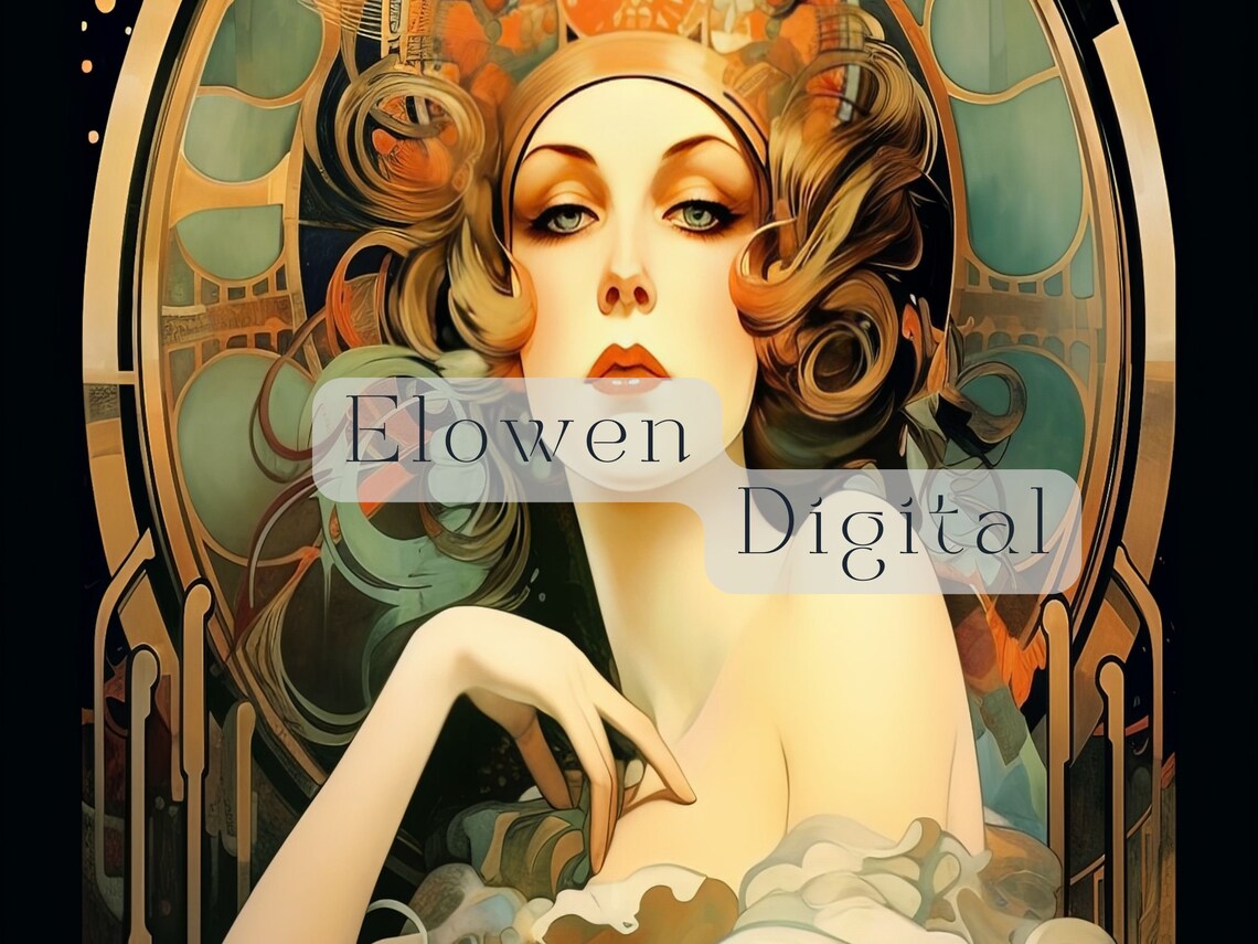 Elegant Golden Curled Woman In Ornate Art Nouveau Arch Portrait Print - Image 3
