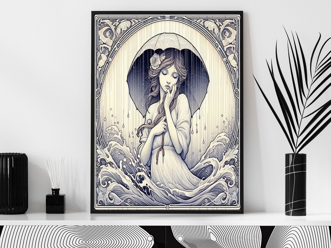 Poetic Art Nouveau Woman Umbrella Rainy Night Monochrome Poster - Image 4