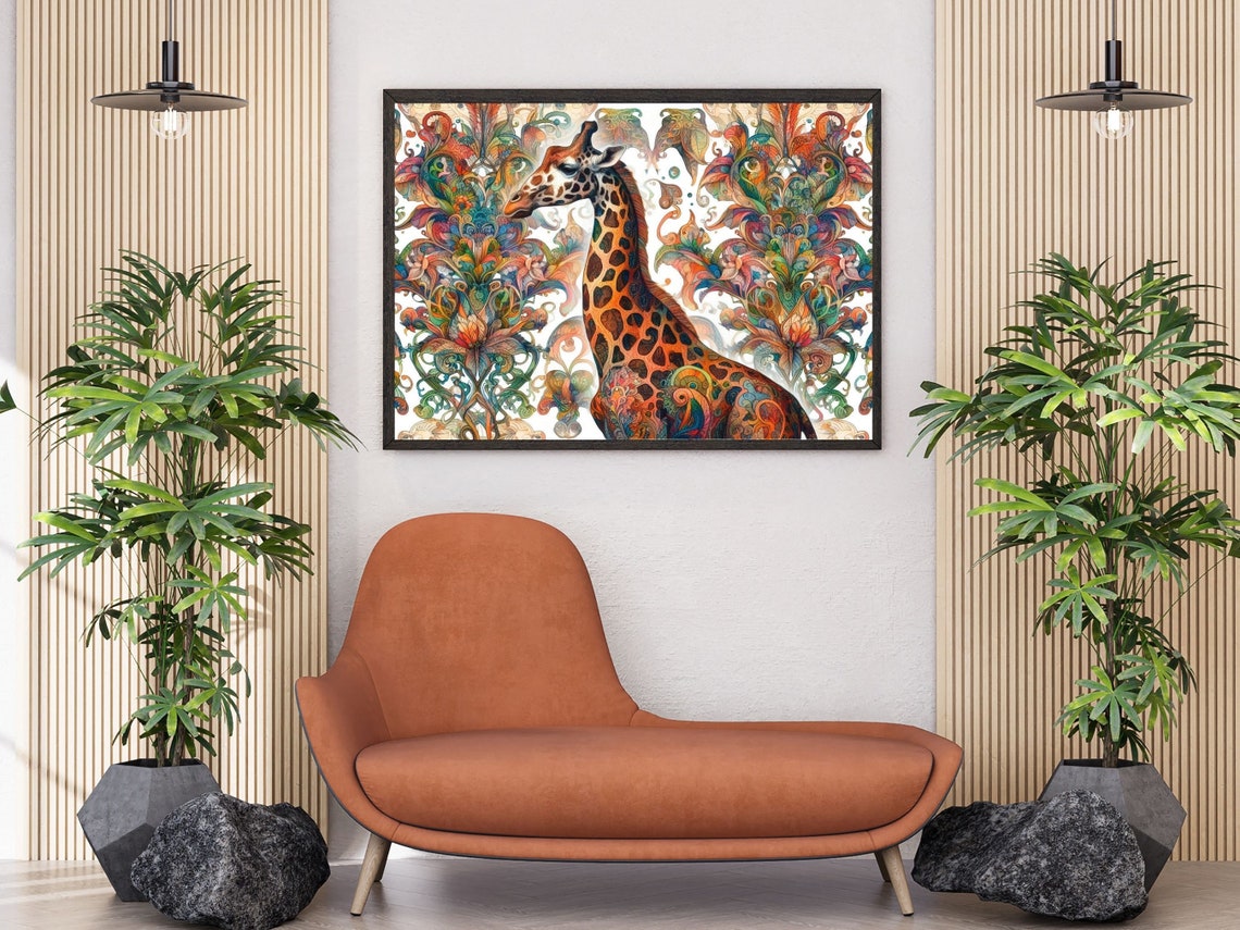 Giraffe Portrait with Vibrant Rainbow Paisley Floral Background Poster - Image 2