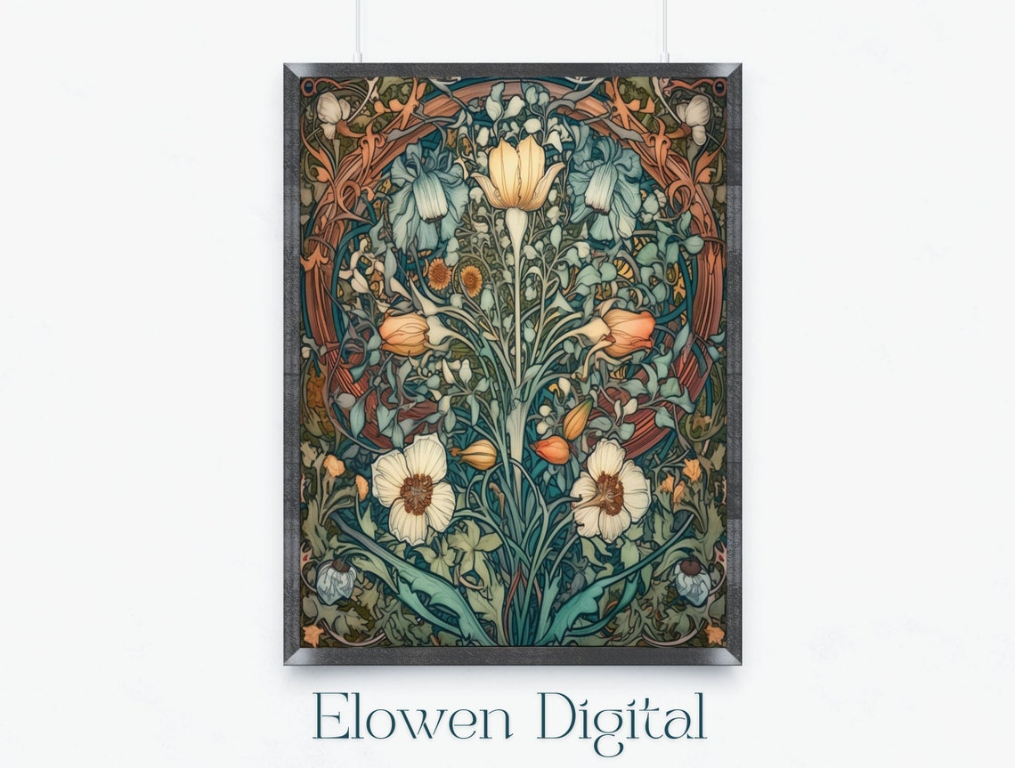 William Morris Style Art Nouveau Botanical Floral Garden Poster