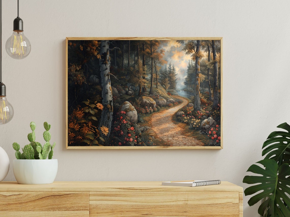 Autumn Birch Forest Path Leading to a Golden Lake View Poster - Image 4