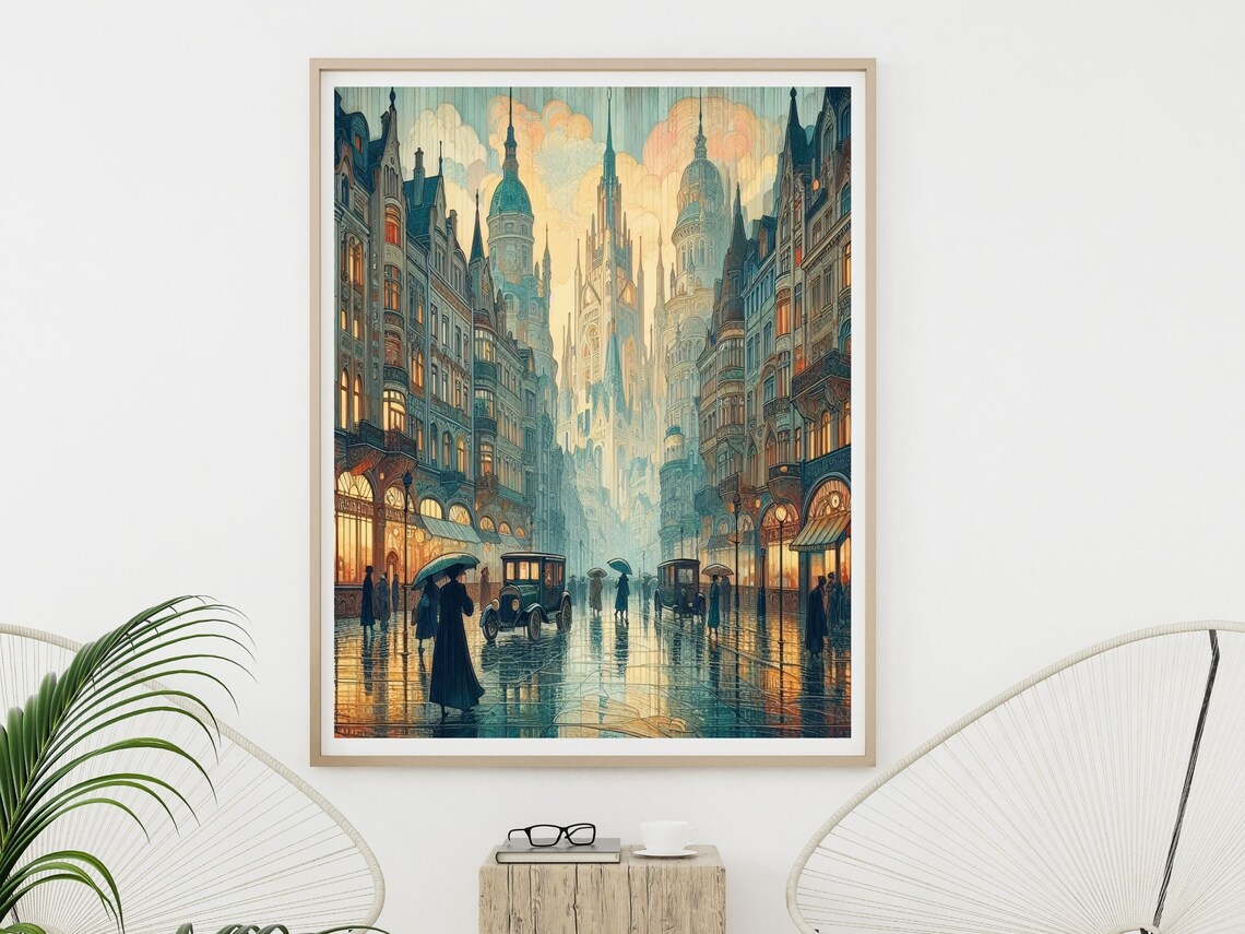 Art Nouveau Gothic City In The Rain With Three Spires Street Poster - Image 6