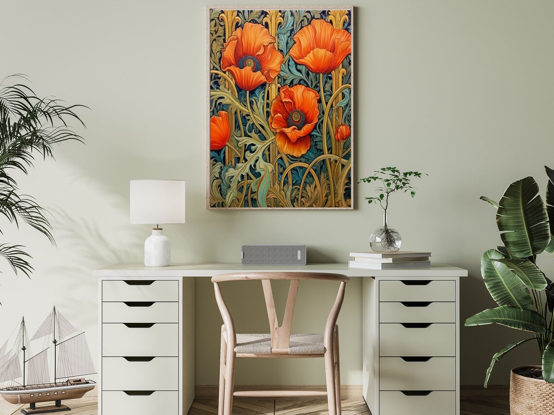 Art Nouveau Orange Poppies with Ornate Golden Foliage Poster - Image 2