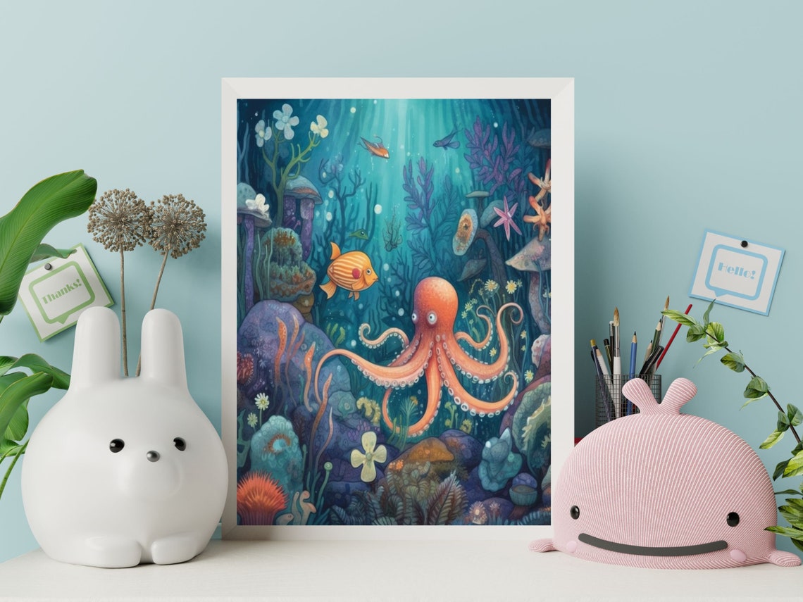 Playful Orange Octopus in a Teal Underwater Wonderland Poster - Image 4