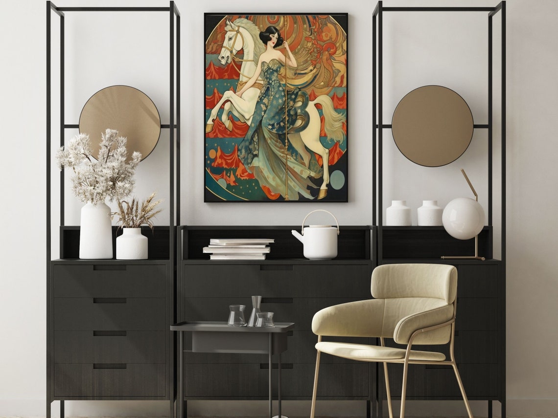 Art Nouveau Woman Riding a White Carousel Horse in Teal Gown Poster - Image 3