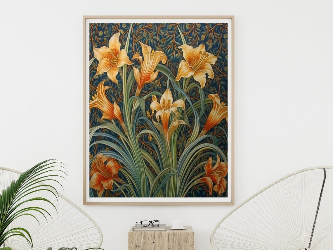 William Morris Style Orange Lilies On Dark Blue Floral Poster - Image 6