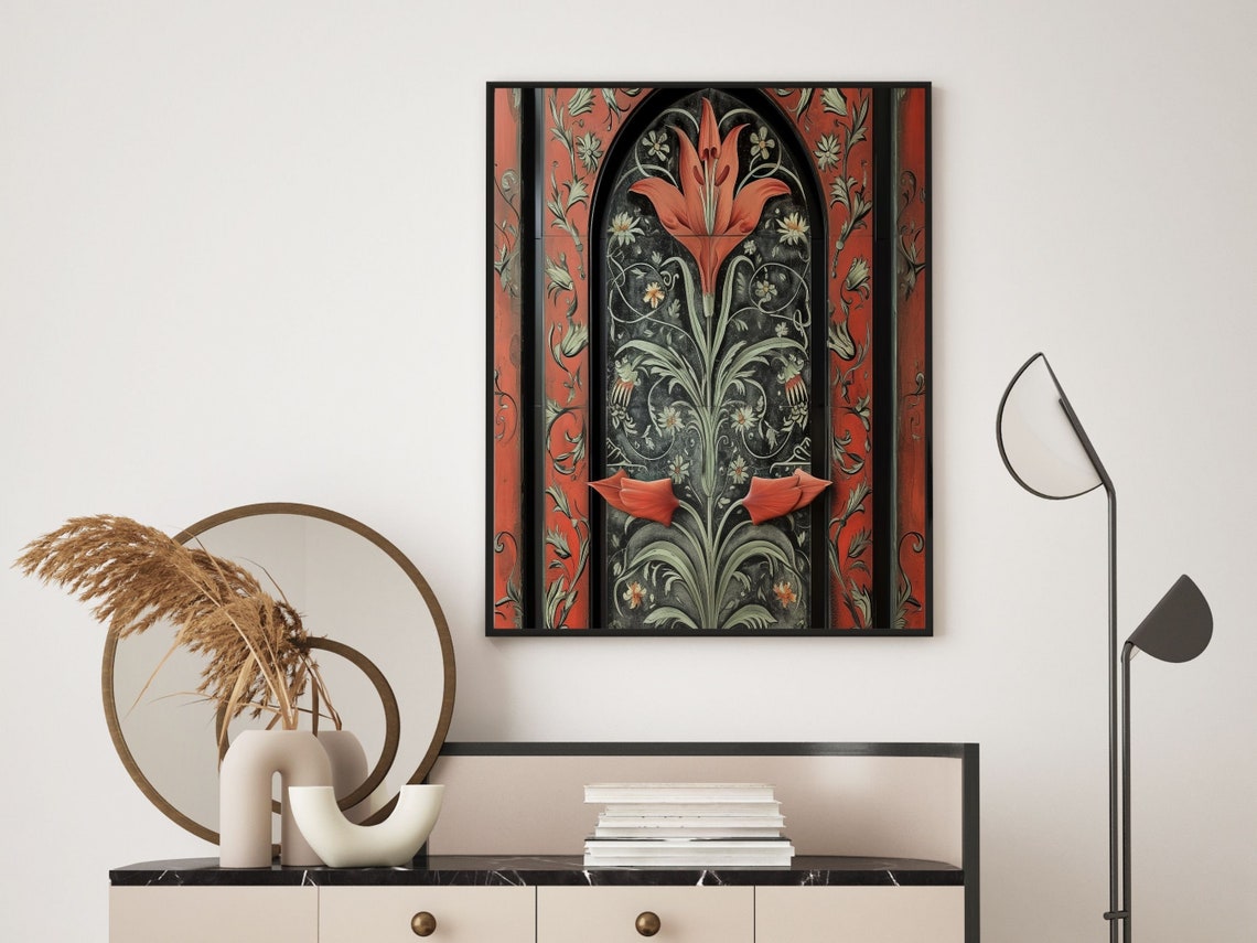 Art Deco Red Lily in Gothic Arch with Morris Pattern Wall Poster - Image 6