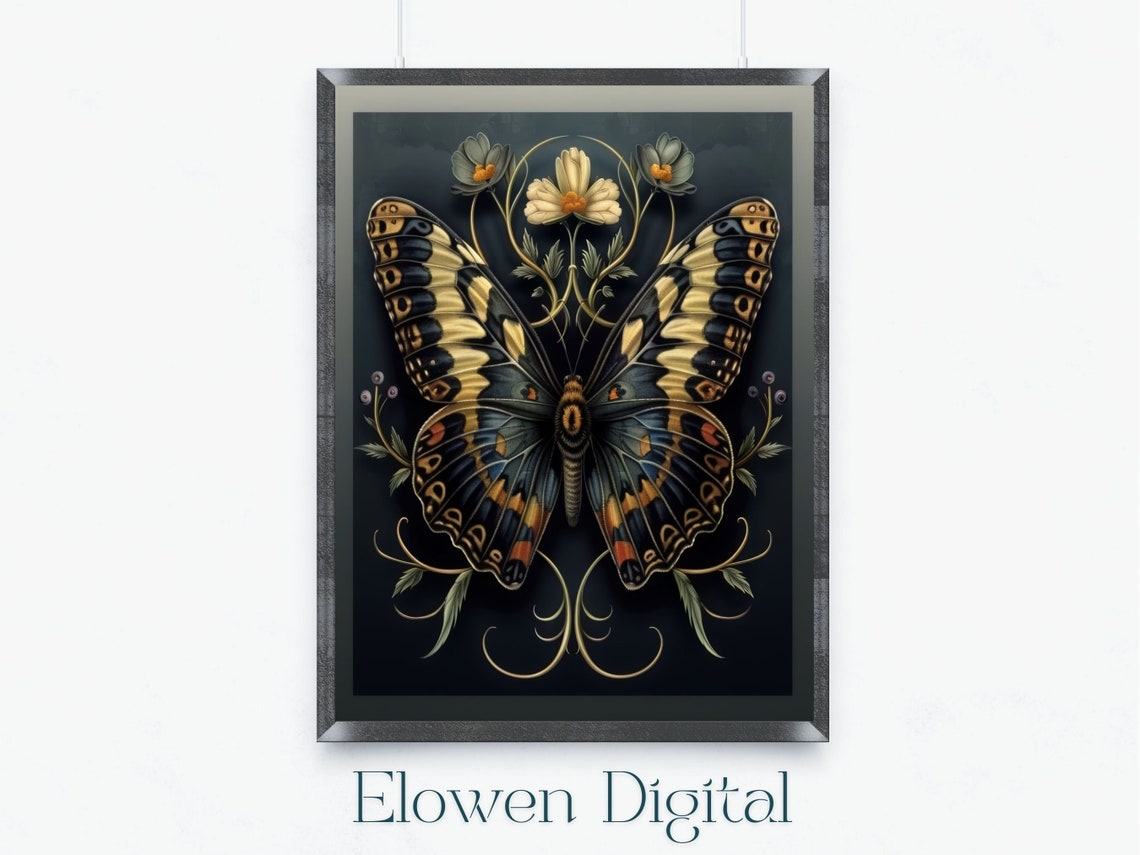 Dark Academia Butterfly Wall Art William Morris Inspired Butterfly Poster Blue Butterfly Art Butterfly Wall Hanging