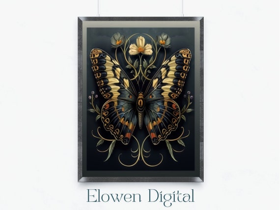Dark Academia Butterfly Wall Art William Morris Inspired Butterfly Poster Blue Butterfly Art Butterfly Wall Hanging