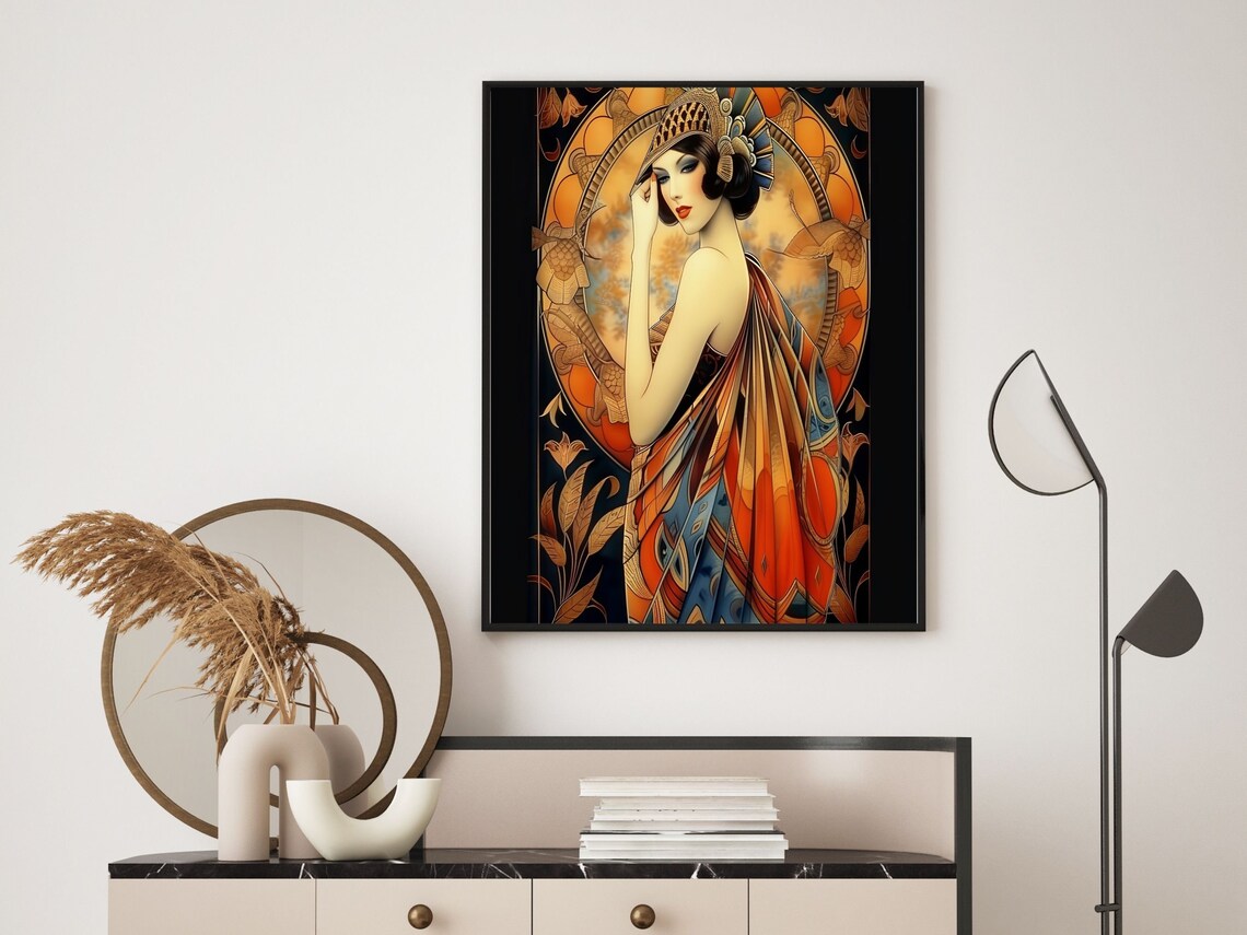 Art Deco Woman With Feathered Headdress in Flame-Orange Gown Poster - Image 6