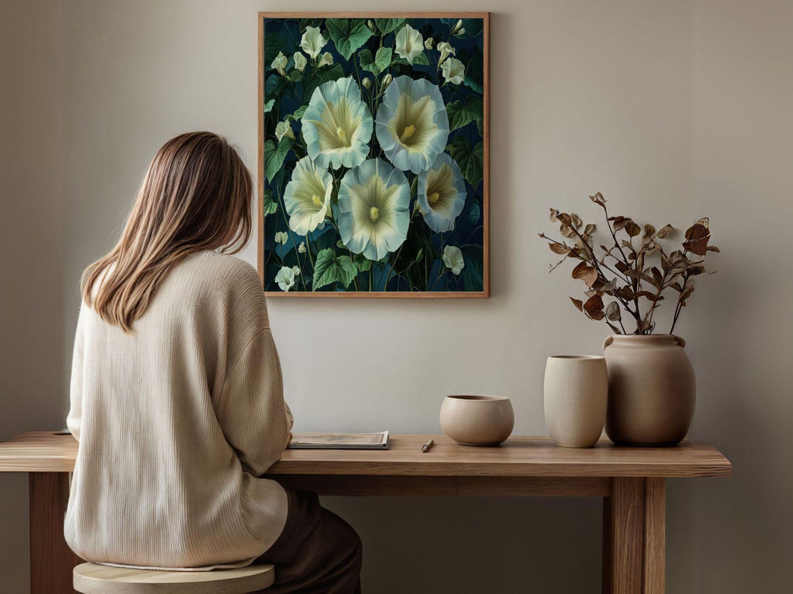 Large White Morning Glory Blooms On Dark Blue Night Garden Wall Art - Image 4