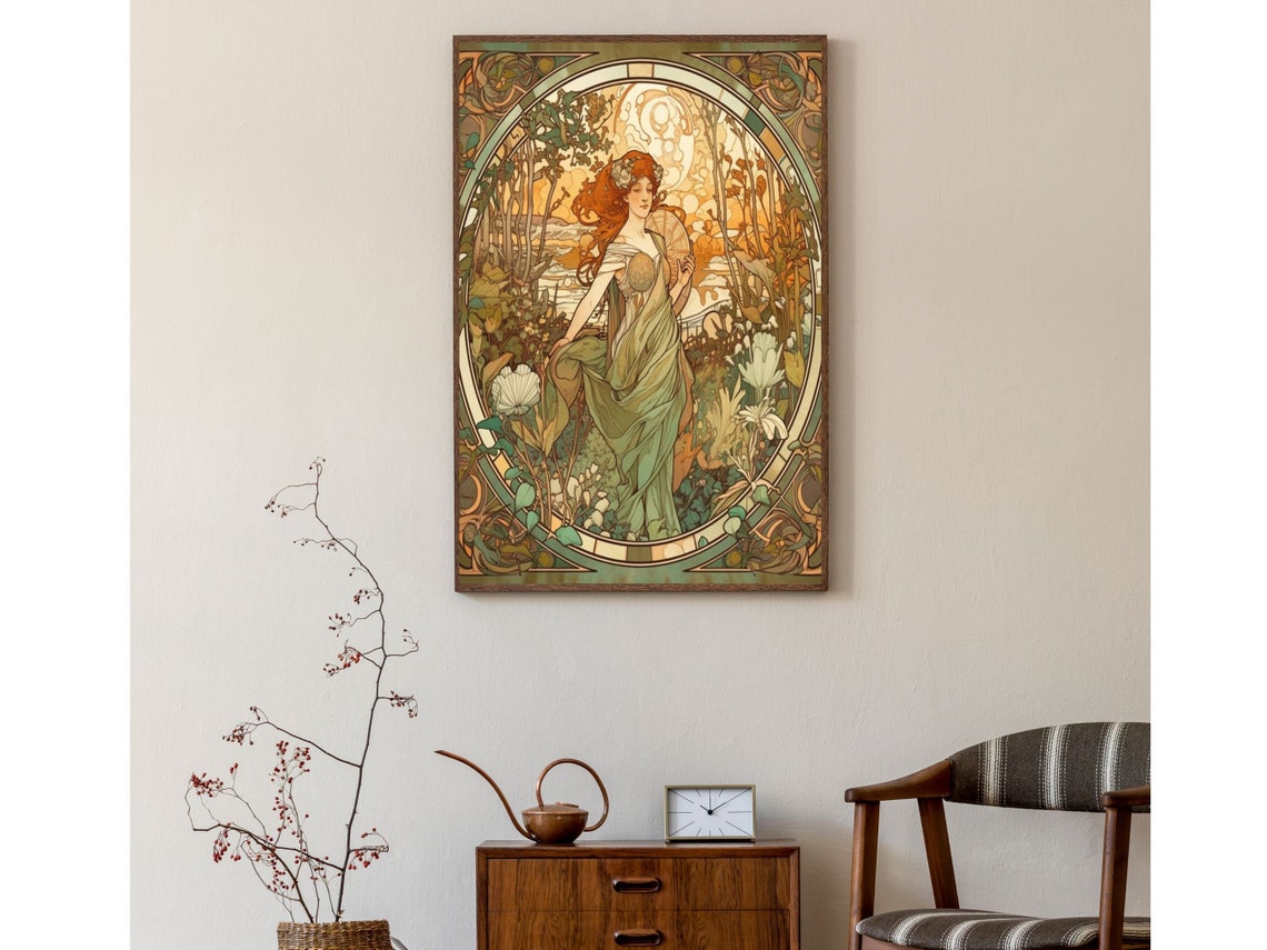 Art Nouveau Red Haired Woman In Garden Oval Frame Floral Poster - Image 2