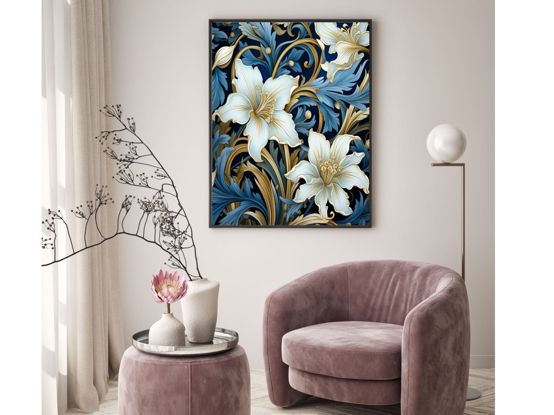 Art Nouveau White Lilies on Deep Navy with Golden Vines Poster - Image 3