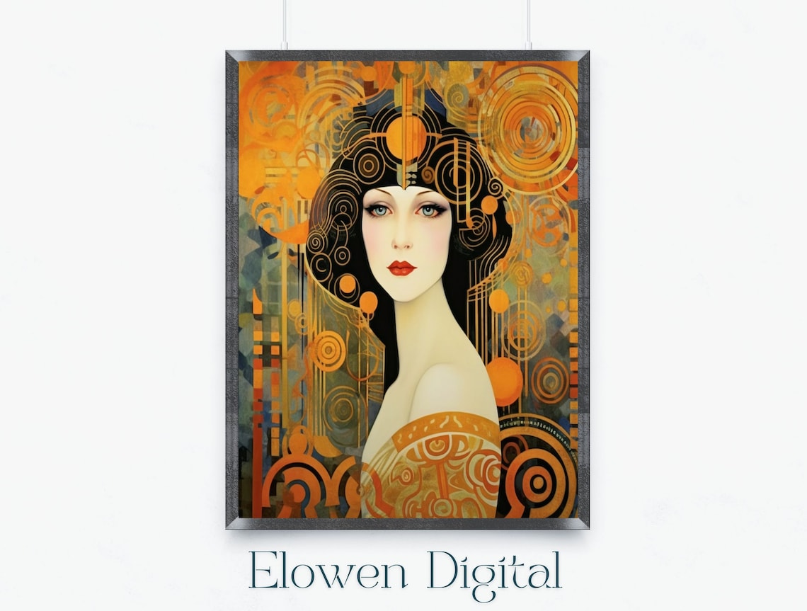 Art Nouveau Woman Portrait in Gold and Orange Swirling Patterns Poster