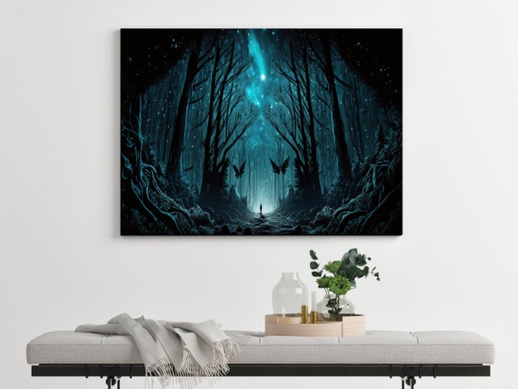 Starry Night Fantasy Forest Wall Art Woods Print With Stars And Night Sky Horizontal Landscape Forest Decor