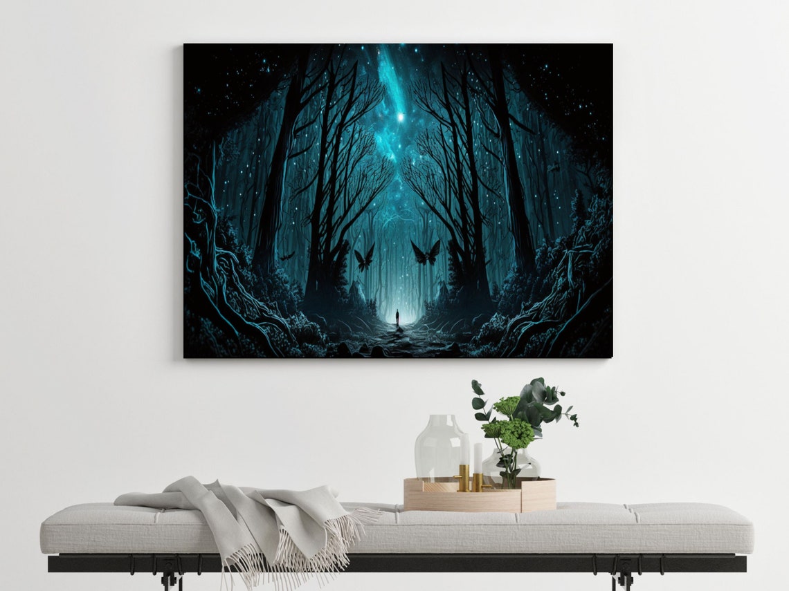 Teal Fantasy Night Forest With Butterflies And Lone Walker Poster
