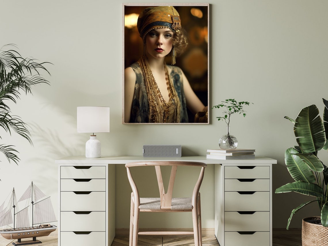 1920s Flapper Woman In Gold Beaded Headscarf And Pearls Art Deco Print - Image 3