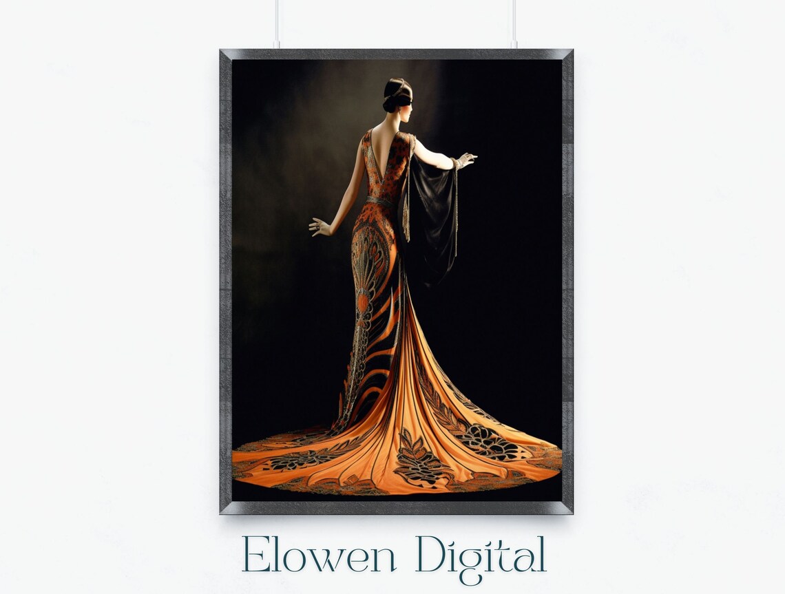 Art Deco Woman From Behind in Flame-Orange Feathered Gown Poster