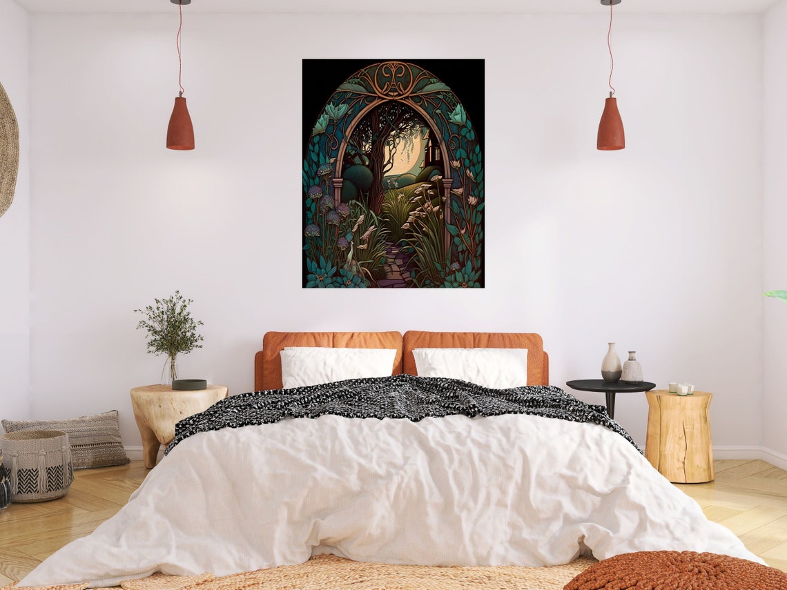 Art Nouveau Moonlit Garden Arch Willow Tree Night Garden Wall Art - Image 2