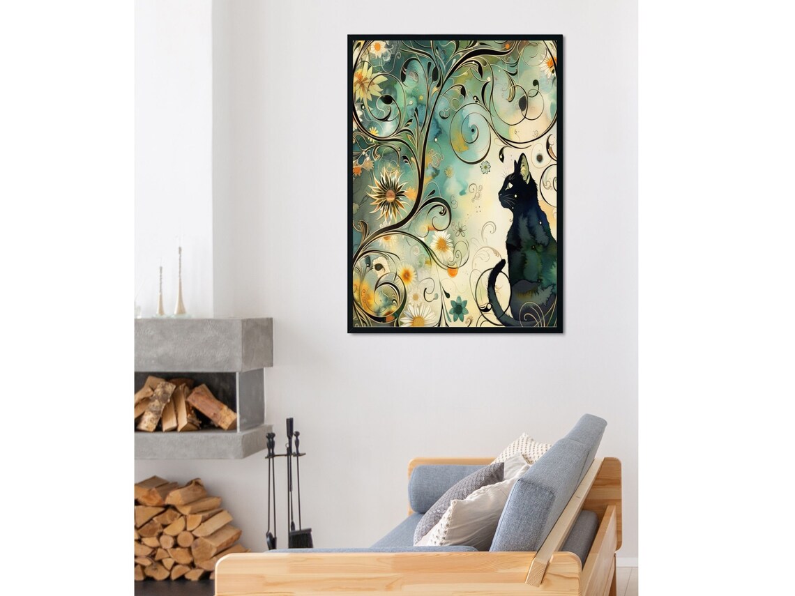 Art Nouveau Black Cat Watercolor Botanical Garden Swirl Wall Art - Image 4