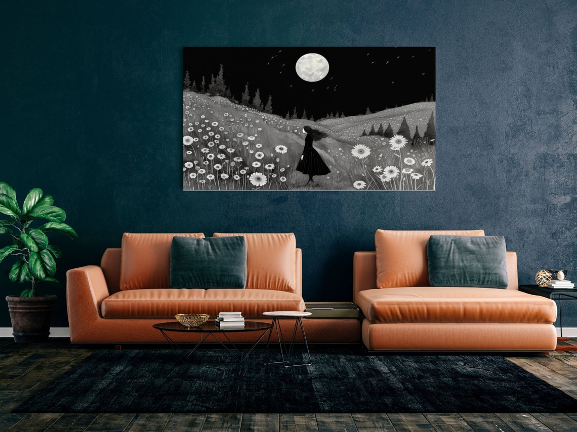Girl in Black Dress in Moonlit Daisy Meadow Black and White Poster - Image 2