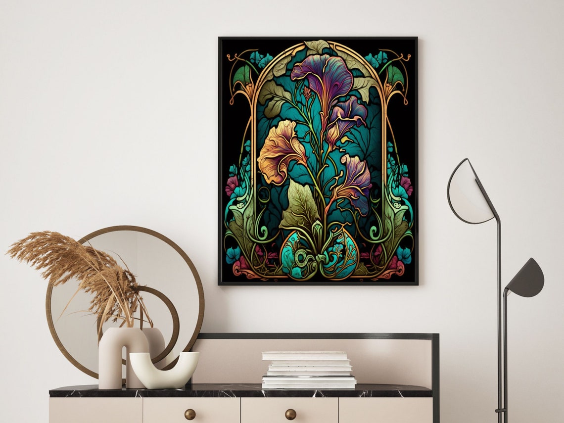 Art Nouveau Morning Glory Blooms Teal Stained Glass Floral Wall Art - Image 5