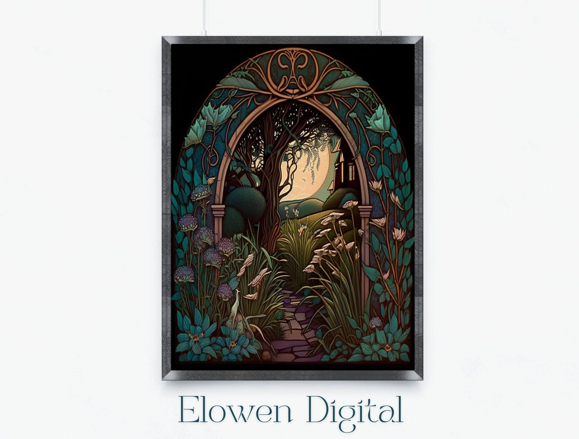 Art Nouveau Moonlit Garden Arch Willow Tree Night Garden Wall Art