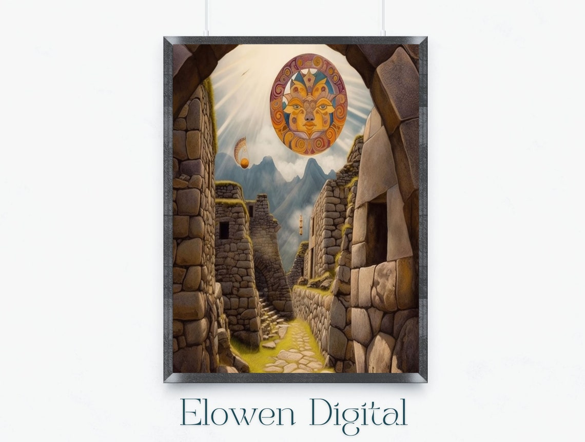 Machu Picchu Incan Ruins Sun God Stylized Andes Mountain Wall Art