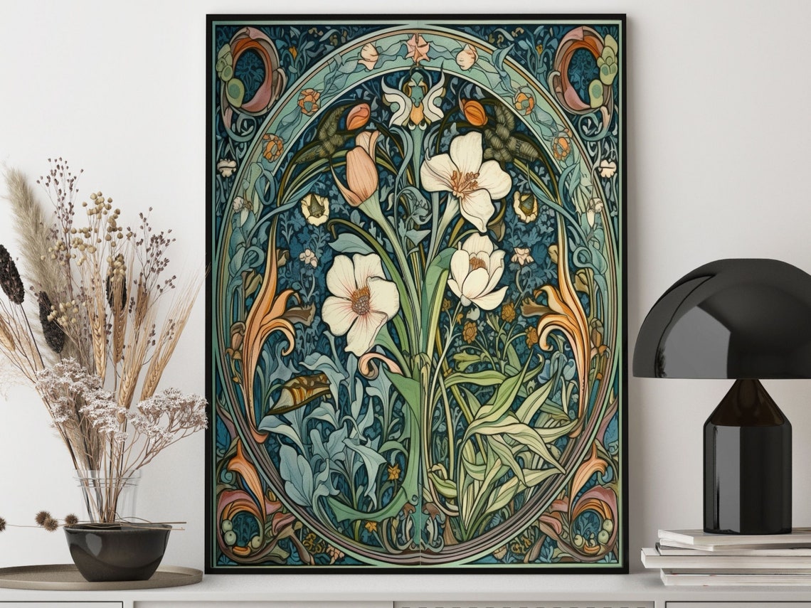 White Blossom Oval Medallion Art Nouveau Botanical Wall Poster