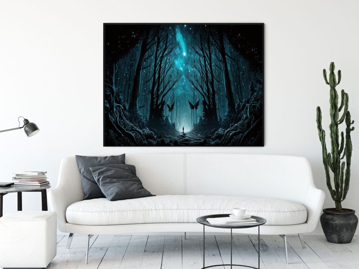 Teal Fantasy Night Forest With Butterflies And Lone Walker Poster - Image 5