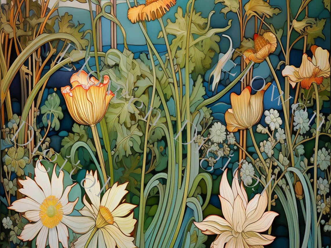 Art Nouveau Daisies And Tulips In Teal Green Floral Scene Poster - Image 6