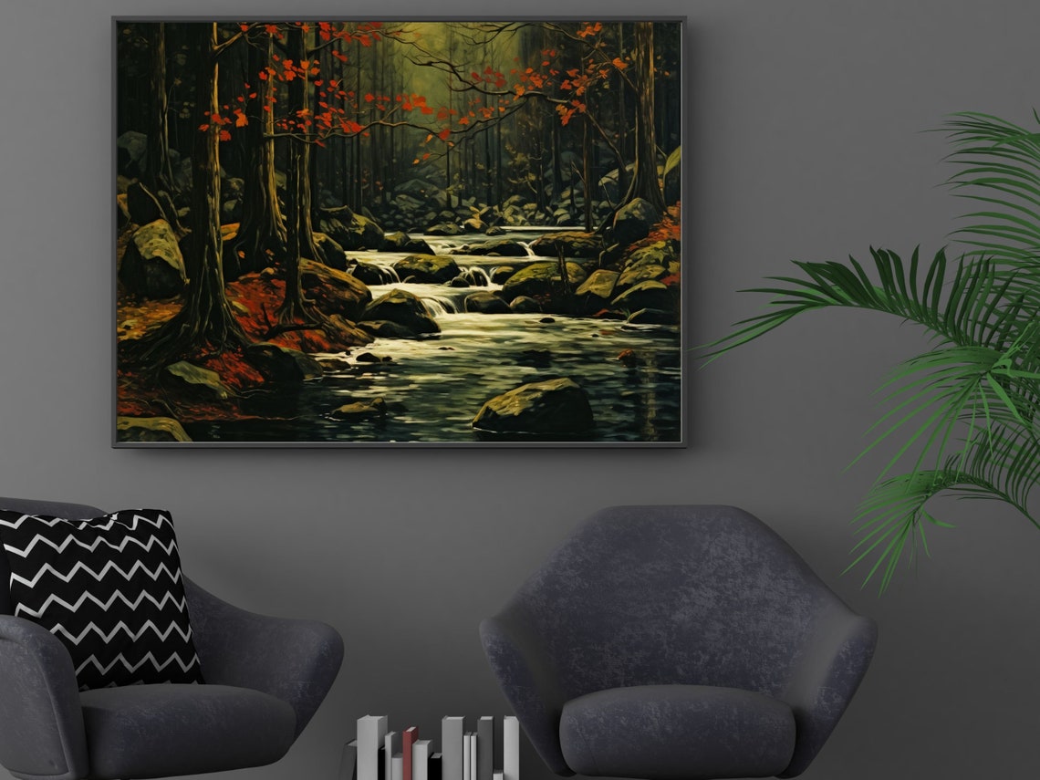 Moody Autumn Forest Stream With Red Leaves Vintage Painting Poster - Image 2