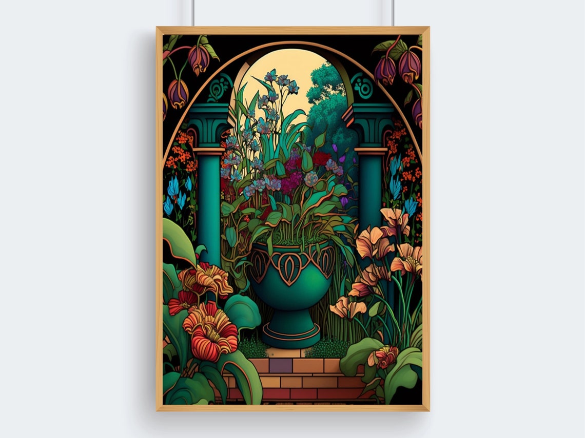 Art Nouveau Garden Urn Between Teal Columns at Dusk in Bloom Poster