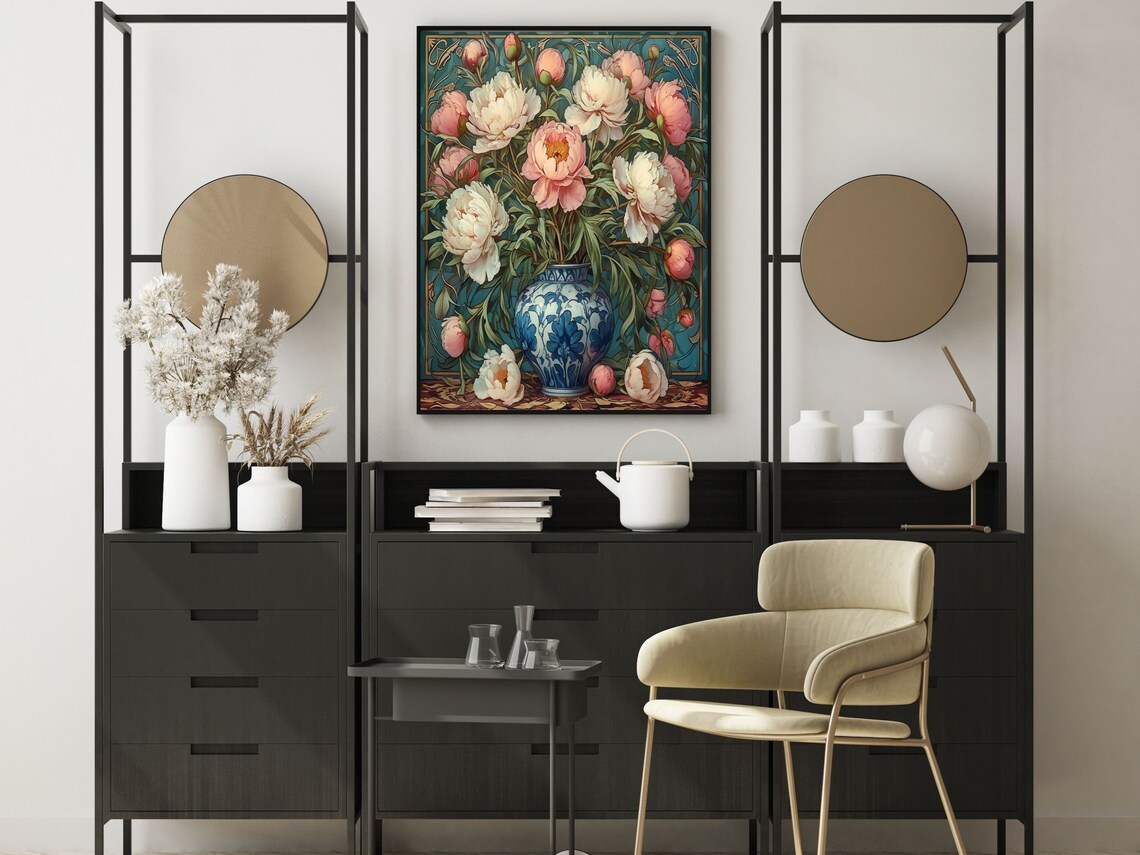 Pink And White Peonies In Blue Floral Vase Still Life Poster - Image 4