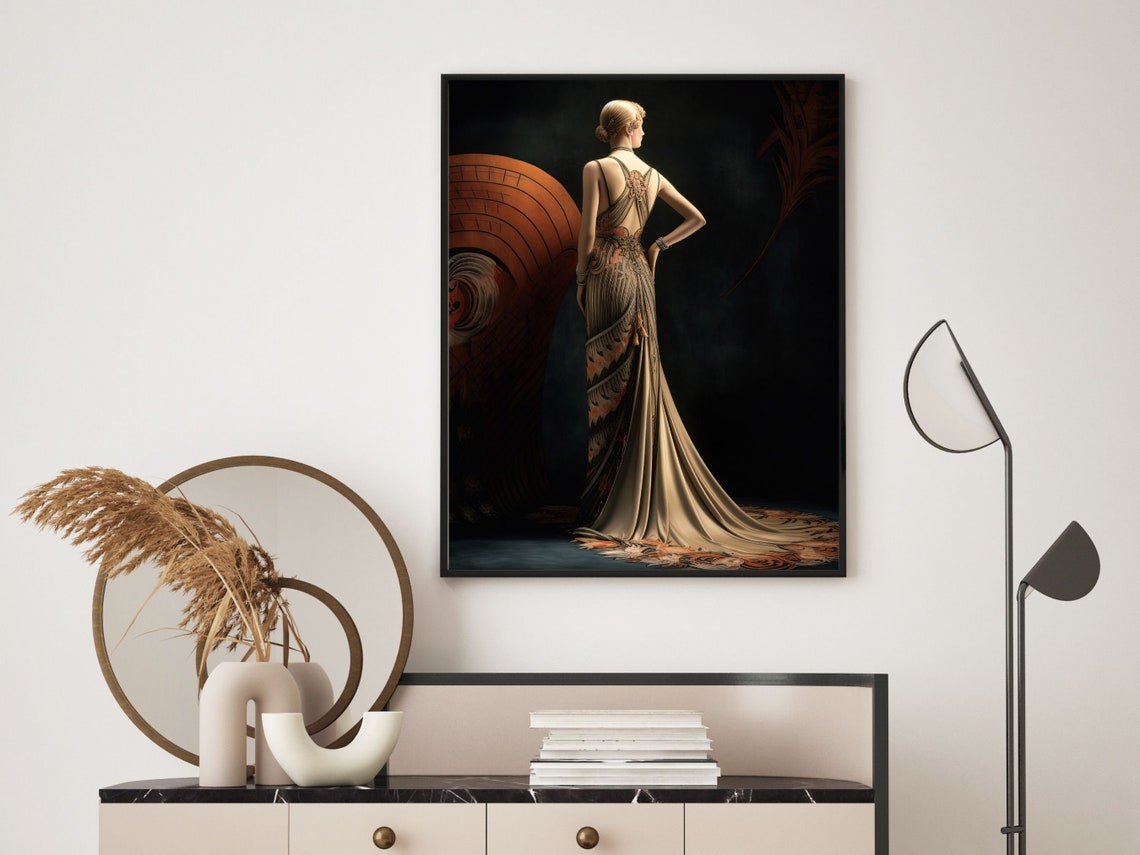 Art Deco Woman From Behind in Champagne Beaded Gown With Train Poster - Image 3