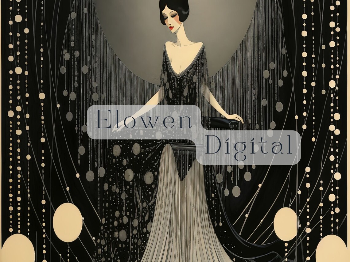 Art Deco Woman in Black Gown Under a Moonlit Night Sky Poster - Image 2