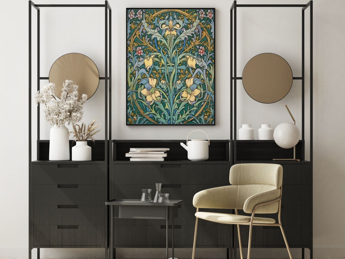 William Morris Style Iris Tapestry Pattern in Teal and Gold Poster - Image 5