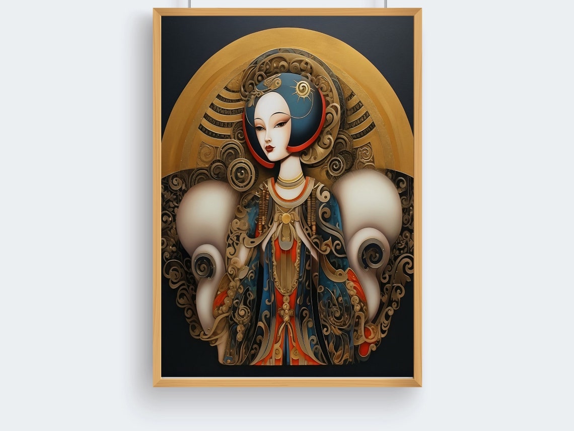 Ornate Art Deco Lady with Golden Halo Robe on Black Art Poster