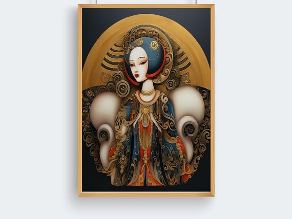 Ornate Art Deco Lady with Golden Halo Robe on Black Art Poster