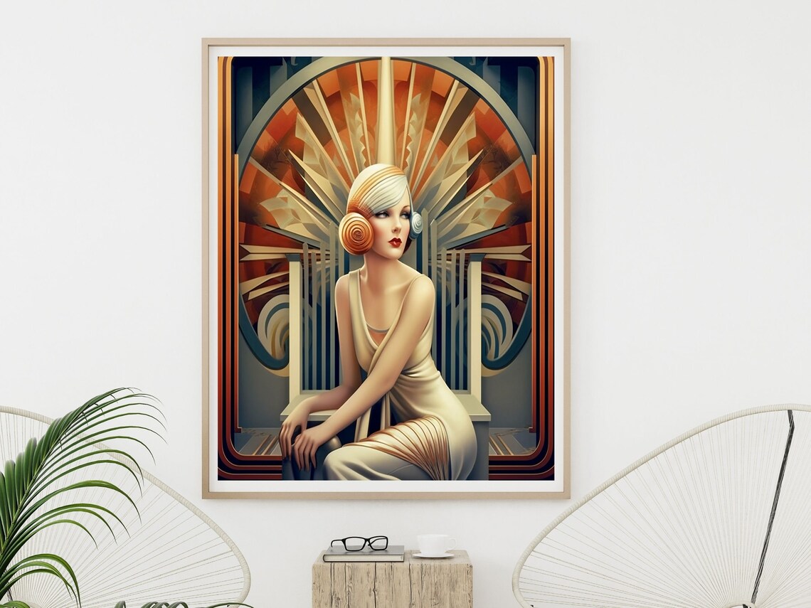 Art Deco Woman in Silver Gown Golden Sunburst 1920s Fashion Poster - Image 3
