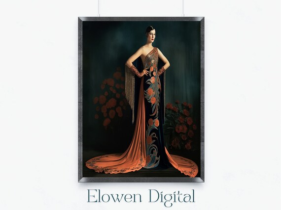 Art Deco Woman in One-Shoulder Orange Floral Embroidered Gown Poster