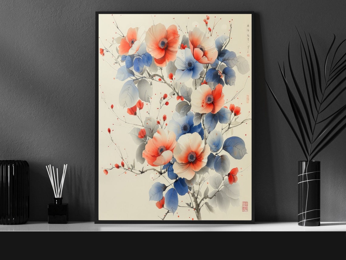 Japanese Ink Wash Red And Blue Blossoms Botanical Style Wall Art