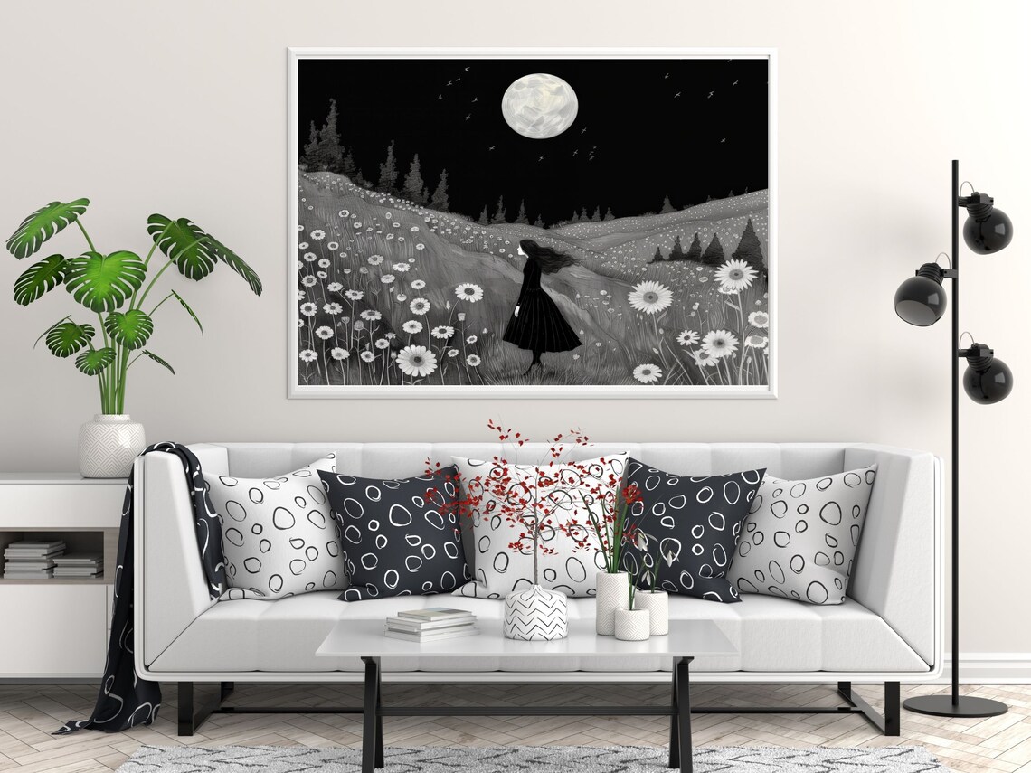 Girl in Black Dress in Moonlit Daisy Meadow Black and White Poster - Image 4